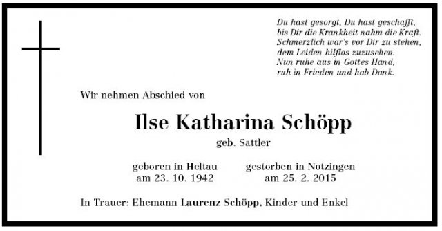 Sattler Katharina 1942-2015 Todesanzeige